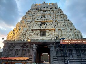 Gilded vimana tower above the sanctum sanctorum of the historic Kamakshi Amman Temple in Kanchipuram