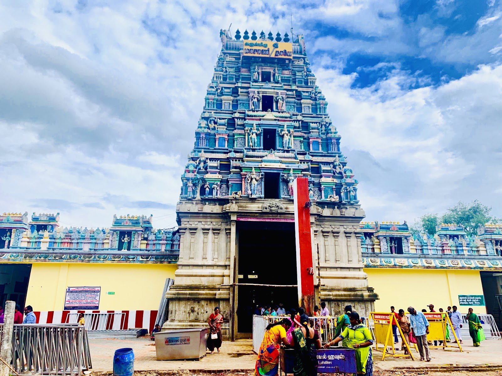 The colorful entrance gopuram and courtyard entrance of Masani Amman Temple in Anaimalai, Tamil Nadu.