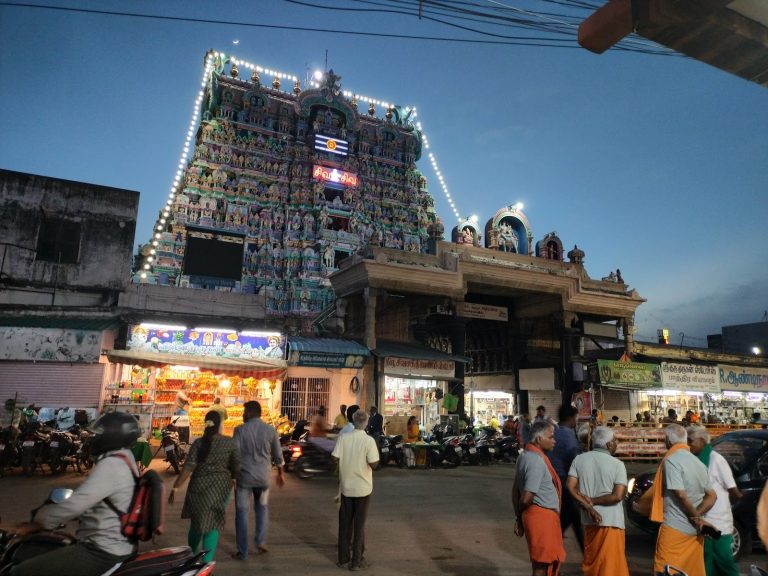 Pillared corridors and towering gopuram of Swami Nellaiappar Temple in Tirunelveli.