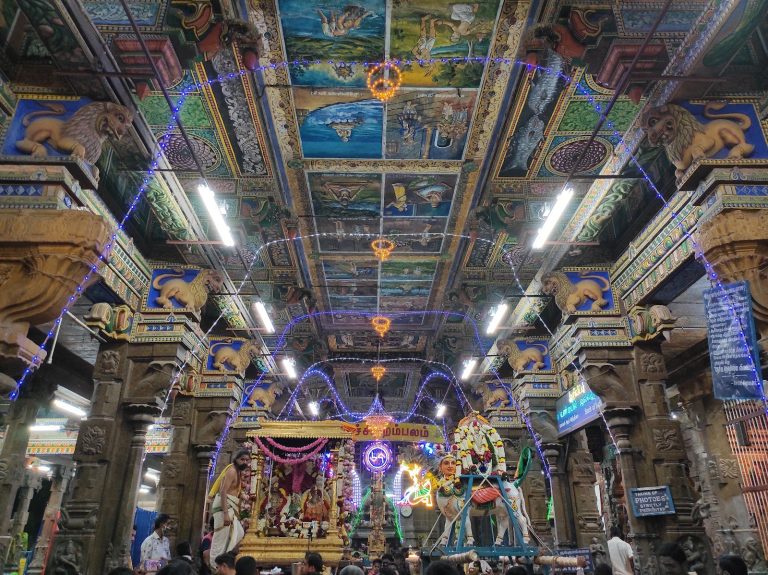 Intricately carved stone pillars inside the Kanaka Sabha hall at Patteeswarar Temple in Perur