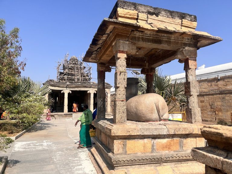 The Dravidian stone tower and courtyard of Brahmapureeswarar Temple in Thirupattur near Trichy