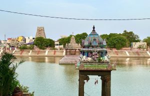 Intricately carved Rajagopuram tower of Kapaleeshwarar Temple rising over Mylapore Chennai