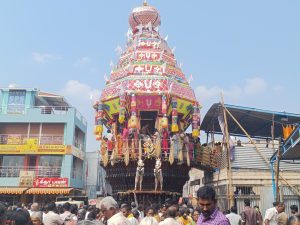 The seven-tiered Rajagopuram entrance tower of Karamadai Ranganathar Temple under clear skies