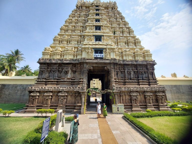 Intricately carved stone pillars of the Vijayanagara era mandapa inside Jalakanteshwara Temple Vellore